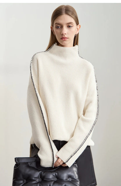 Damen-Rollkragenpullover Wolle Stickerei locker Weihnachten Winter