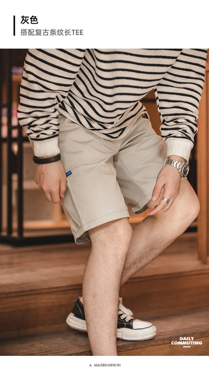 Herren Shorts im Vintage-Stil aus Khaki Canvas mit elastischer Taille und Taschen