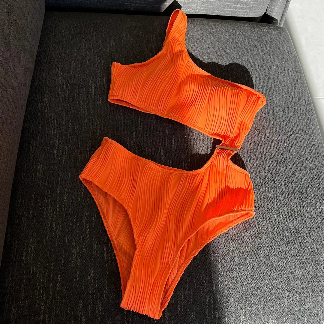 Damen Badeanzug asymmetrisch Cut-Out gerüscht One-Shoulder gepolstert