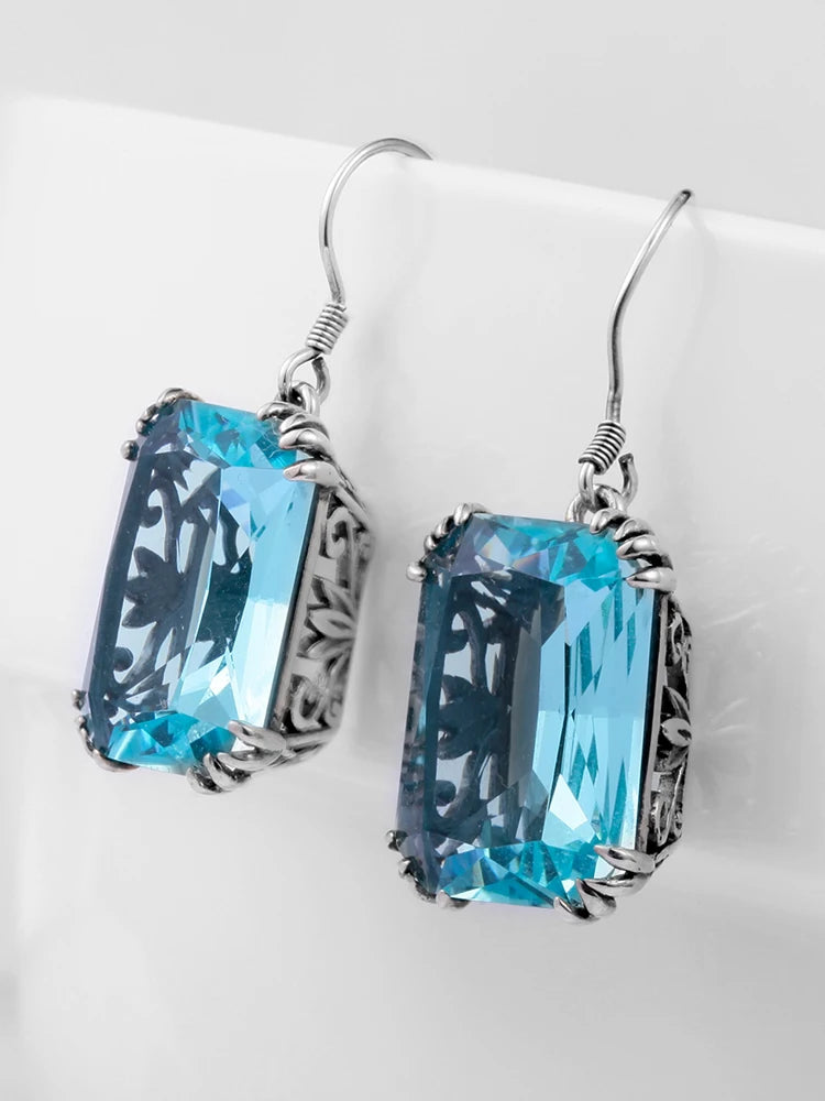 Damen-Ohrringe aus Sterlingsilber 925 mit quadratischem Aquamarin-Anhänger handgefertigtes Vintage-Design
