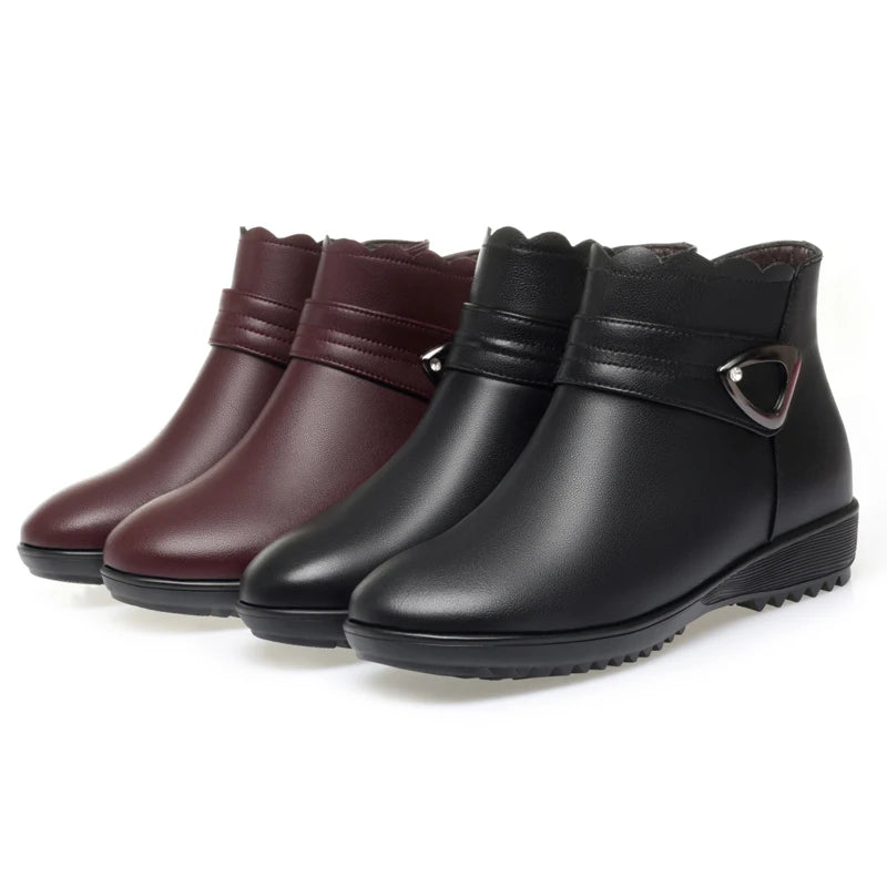 Damen Schneestiefel aus echtem Leder mit rutschfestem flachem Boden