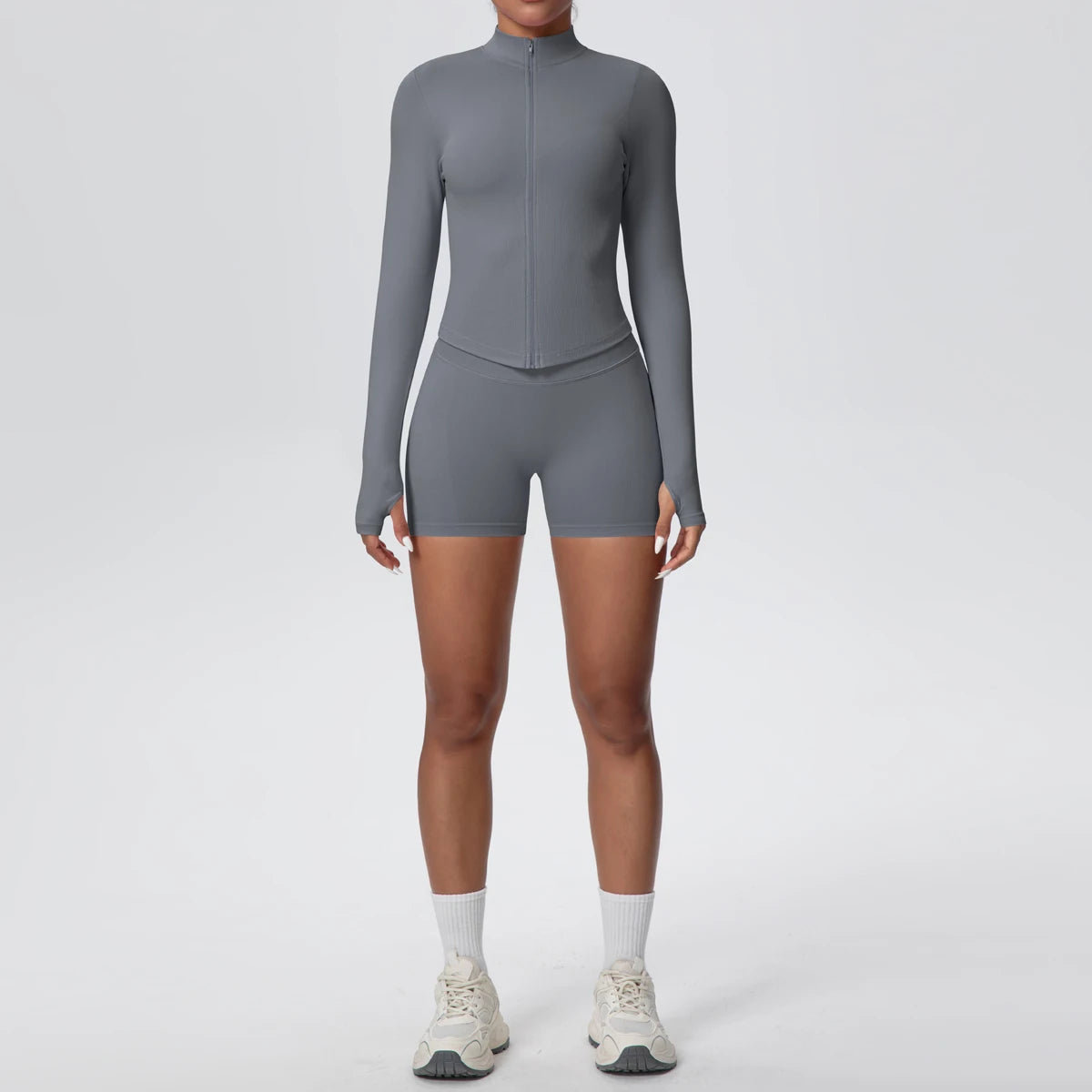 Damen Yoga-Set in Dunkelgrau: Langarm-Top mit Reißverschluss und kurze Sport-Shorts