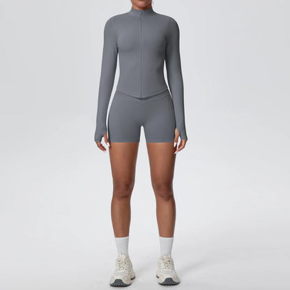 Damen Yoga-Set in Dunkelgrau: Langarm-Top mit Reißverschluss und kurze Sport-Shorts