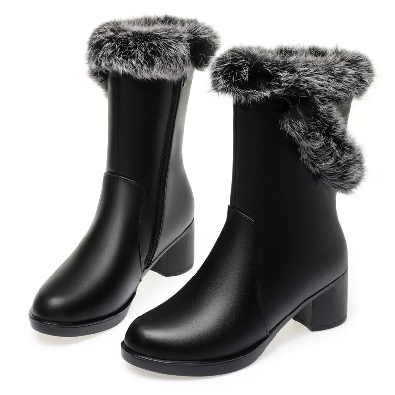 Damen Stiefel aus echtem Leder mit quadratischem Absatz und Fellfutter