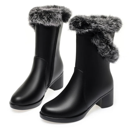 Damen Stiefel aus echtem Leder mit quadratischem Absatz und Fellfutter