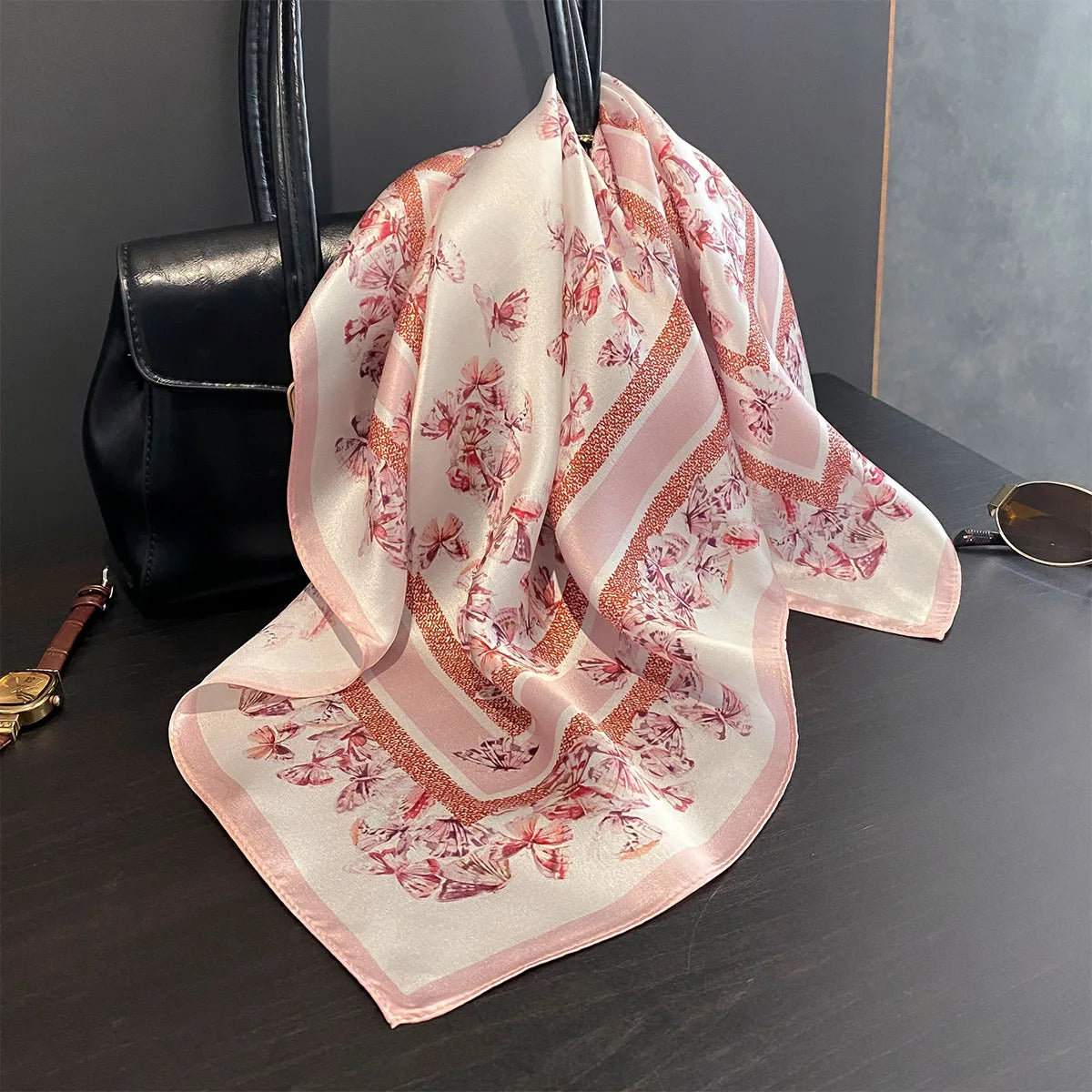 Damen Seidenschal 53cm quadratisch Blumenprint Luxus Hijab Bandana B