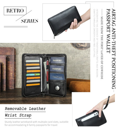 Schwarzes Leder-Passportetui im Retro-Stil mit herausnehmbarer Handgelenkschlaufe