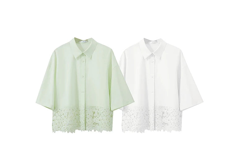 Damen Kurzarm Shirt mit drehbarem Kragen und solider Aushöhlung