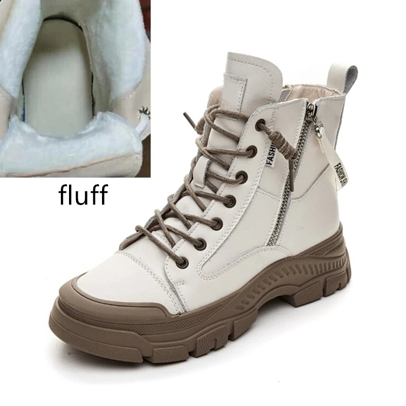 Beige Damensneakerstiefel mit Schnürung, breiter Profilsohle und seitlichem Reißverschluss