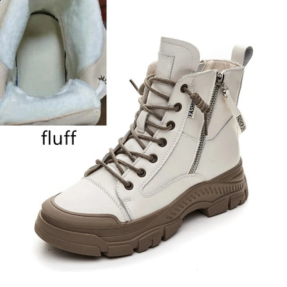 Beige Damensneakerstiefel mit Schnürung, breiter Profilsohle und seitlichem Reißverschluss