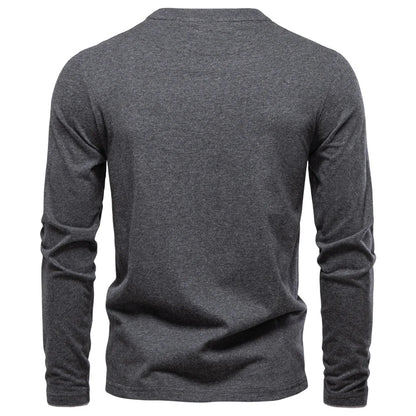 Dunkelgraues Henley-Langarmshirt, Rückansicht mit geripptem Saum