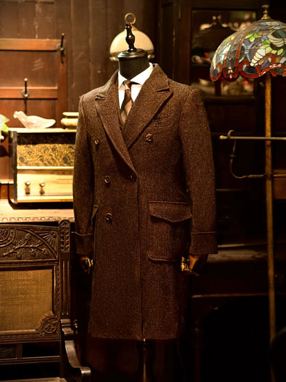 Herren Tweed Mantel im Business Style mit gesprenkeltem Muster und Zweireiher