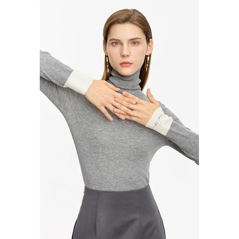Damen-Rollkragenpullover Wolle Slim Patchwork-Splicing Herbst-Winter
