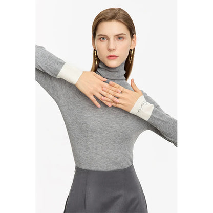 Damen-Rollkragenpullover Wolle Slim Patchwork-Splicing Herbst-Winter