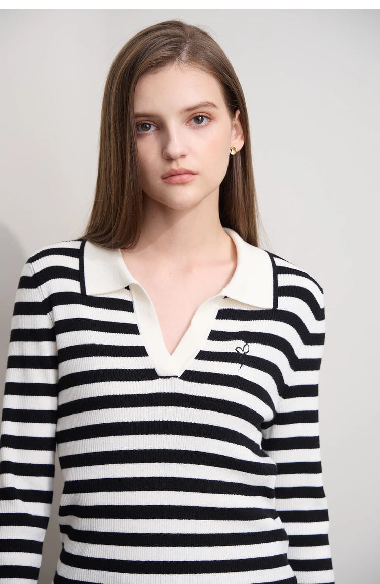Damen V-Ausschnitt Pullover Streifen Stickerei Polo Kontrastfarben Herbst