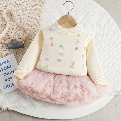 Mädchen Pullover Set mit bunten Pailletten und Tutu Röcken in Pink und Weiß