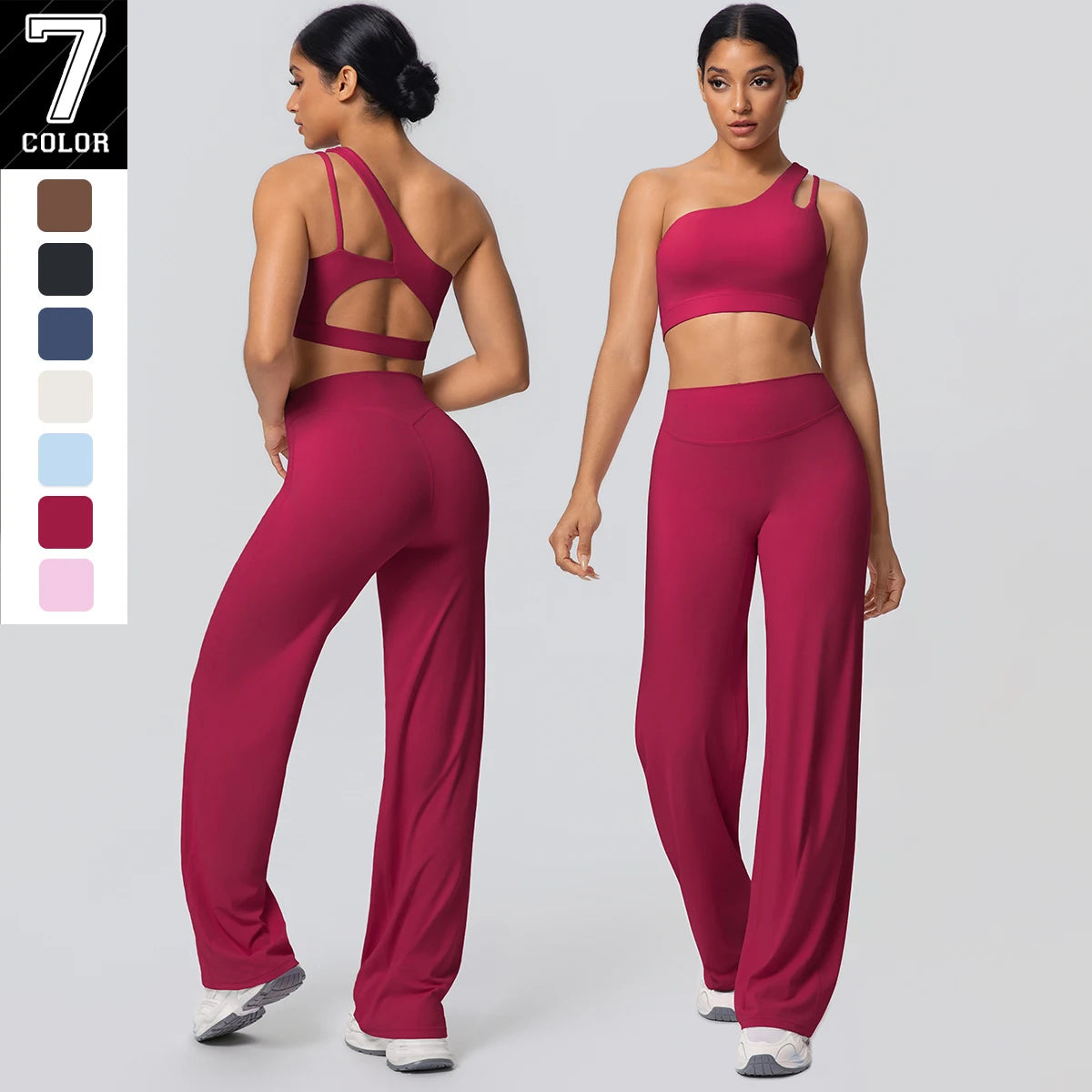 Sportset aus High-Waist weitem Leggings und kurzem Sport-Top mit Rückenausschnitt, weinrot