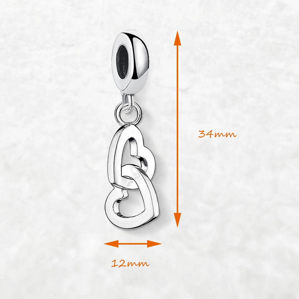 Charm-Anhänger aus 925er Sterlingsilber, ca. 34 mm lang, zwei ineinander verschlungene Herzen