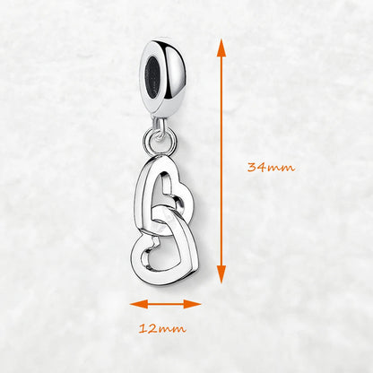 Charm-Anhänger aus 925er Sterlingsilber, ca. 34 mm lang, zwei ineinander verschlungene Herzen