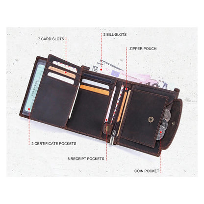 Herren Echtleder Geldbörse Trifold Metallkette RFID Kartenhalter Geldclip