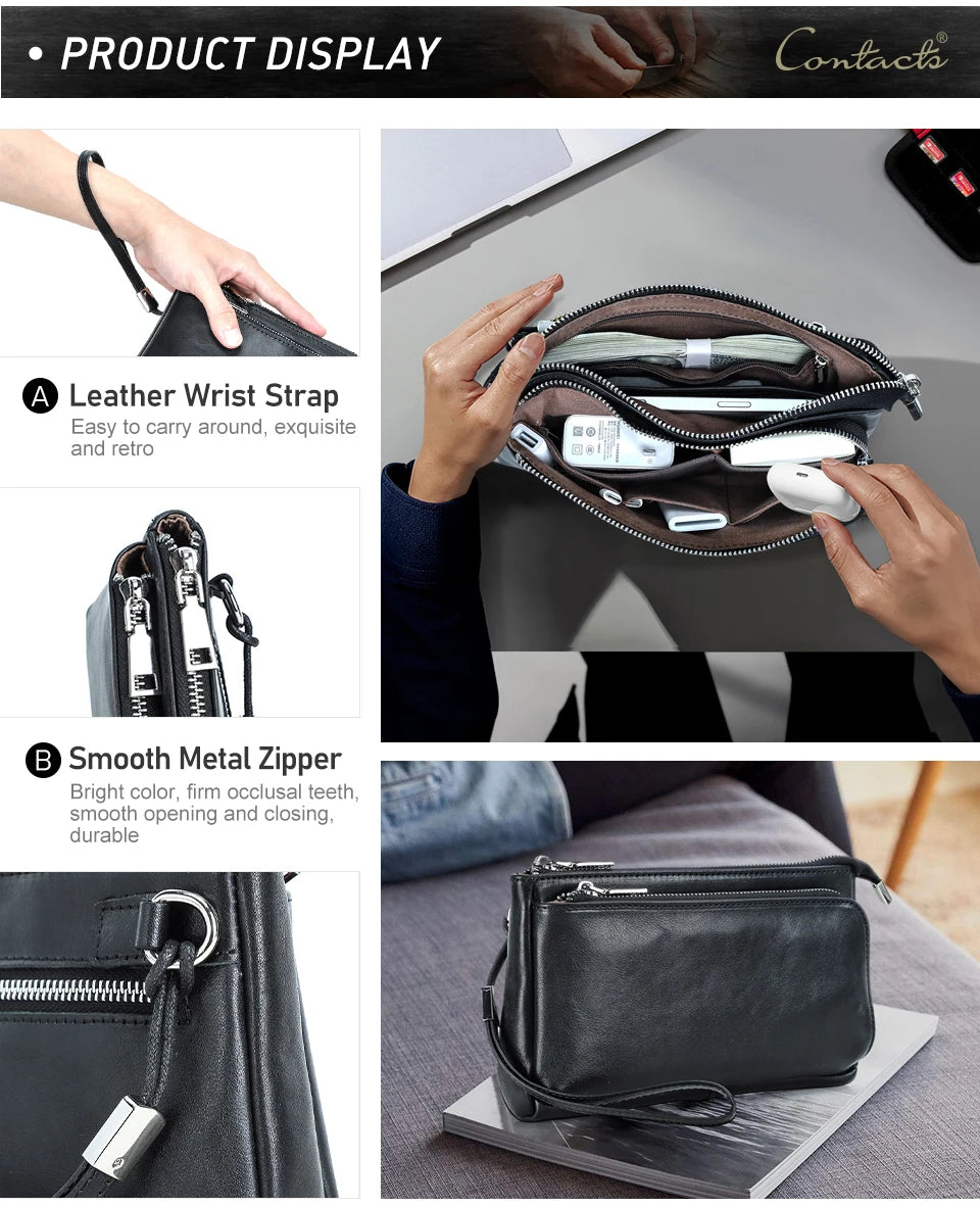 Schwarze Leder-Clutch mit Metallreißverschluss und Handgelenkstrageband