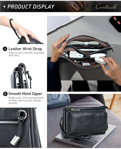 Schwarze Leder-Clutch mit Metallreißverschluss und Handgelenkstrageband