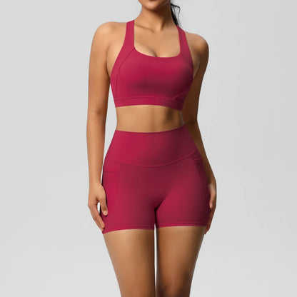 Damen-Yogaset in Rosa: Sport-BH und Shorts im Set mit nahtbetontem Bund