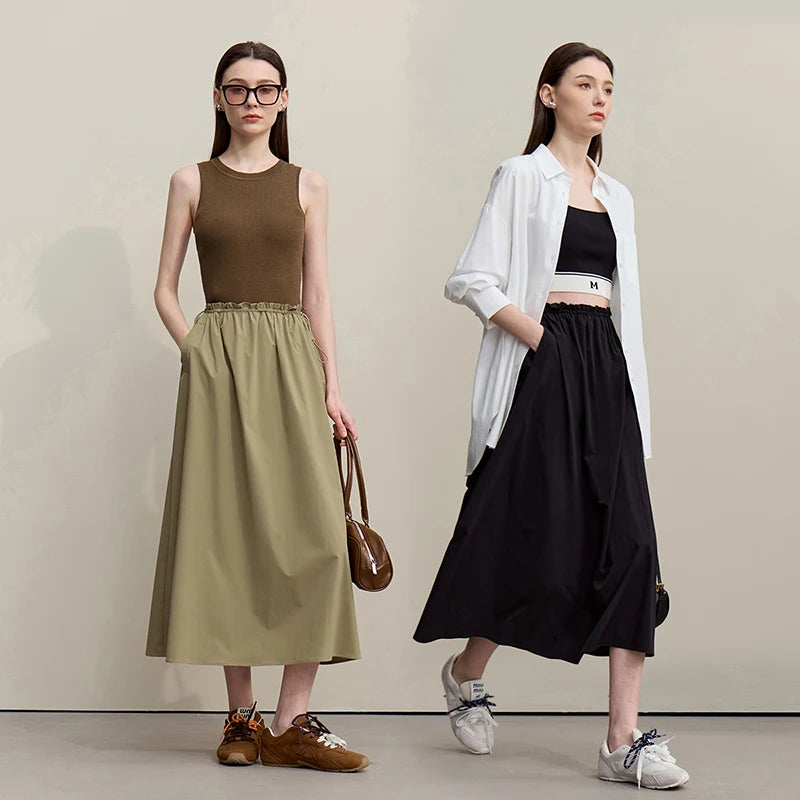 Damen-Midirock in Khaki und Schwarz mit elastischem Taillenbund, locker fallend