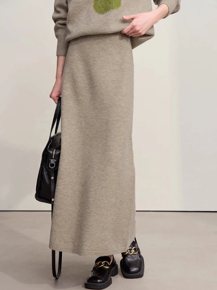Langer Damen-Winterrock aus Wolloptik in Camel, schlicht mit geradem Schnitt