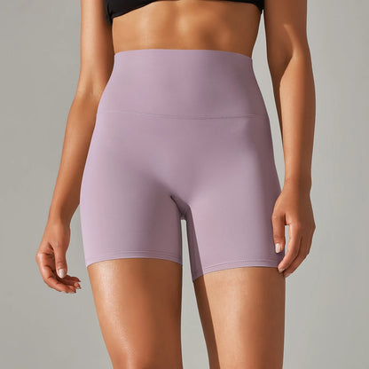 Nahtlose Sportshorts für Frauen mit hohem Bund, lila, sportlich kurz und eng anliegend