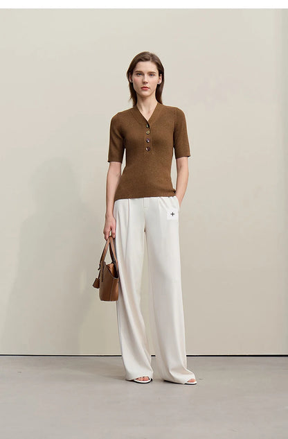 Damen V-Ausschnitt Pullover Wolle-Mix Halbarm Slim Frühling-Herbst