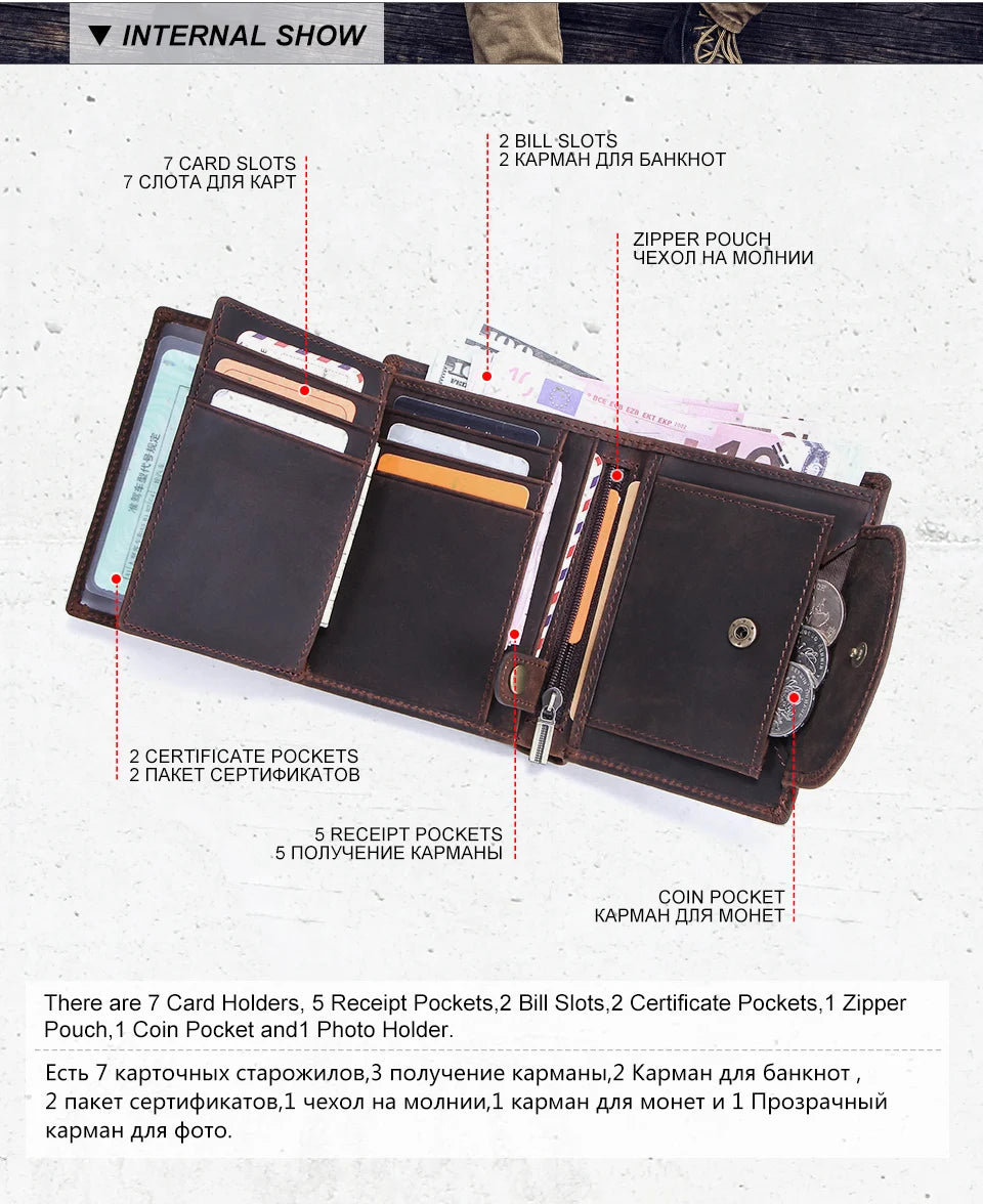 Herren Echtleder Geldbörse Trifold Metallkette RFID Kartenhalter Geldclip