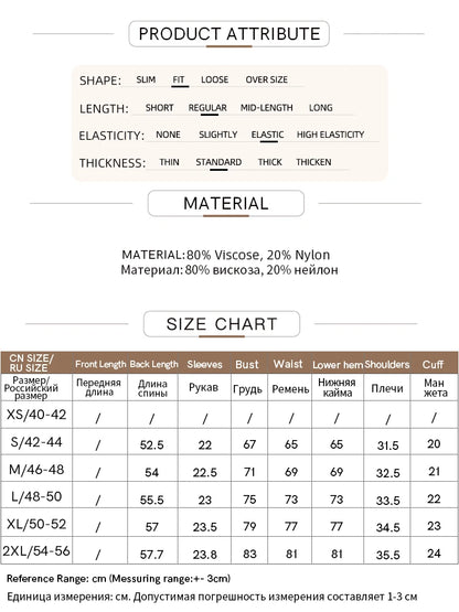 Größentabelle und Material: 80% Viskose, 20% Nylon, Messwerte