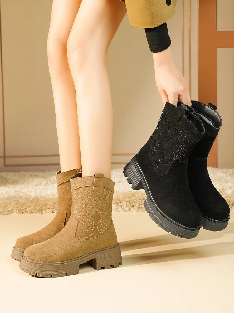 AIYUQI Western Cowboy Boots Women 2025 New Genuine Leather Winter Shoes Boots Women Short Tube Fashion Women's Snow Boots