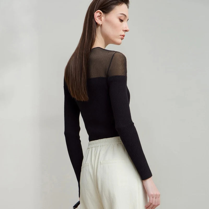 Damen V-Ausschnitt Pullover Viskose Mesh Organza Slim Frühling