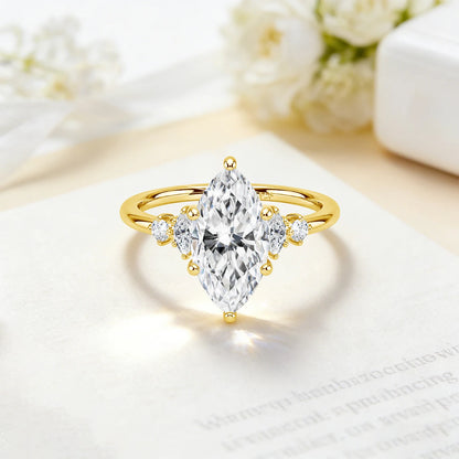 Damen-Verlobungsring aus Silber 925 mit fünf Moissanite im Marquise-Schliff, 18k Goldplattiert