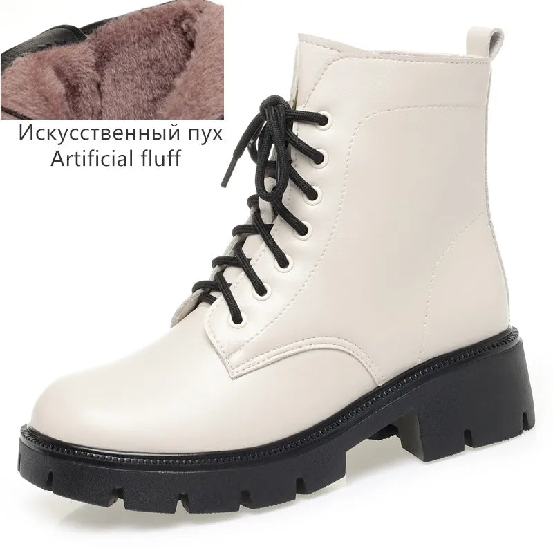 Winterstiefel Damen cremefarben, Schnürung, Kunstfellfutter, profilierte Sohle
