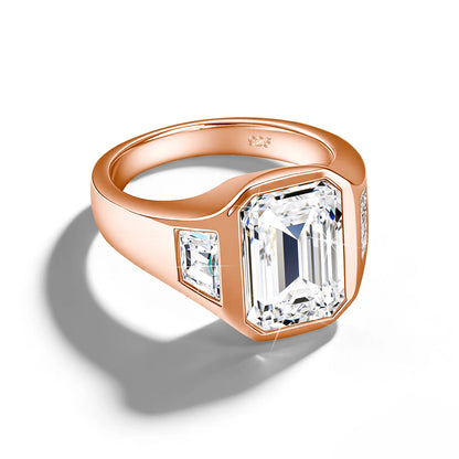Unisex-Verlobungsring Moissanit im Smaragdschliff Drei-Stein-Design aus 925 Silber