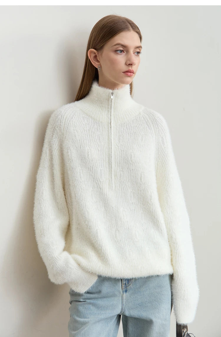 Damen-Rollkragenpullover Reißverschluss Nerz-Optik locker Winter