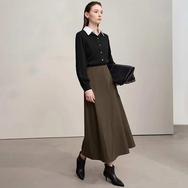 Damen-Strickjacke Slim halbhoher Kragen Laternenärmel Wolle-Mix Herbst