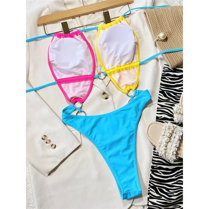 Damen Badeanzug Neckholder Cut-Out rückenfrei Monokini hoher Beinausschnitt gepolstert