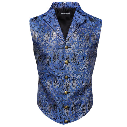 Herrenweste aus Feinwolle mit Paisley-Muster, blau, Revers und Knopfleiste