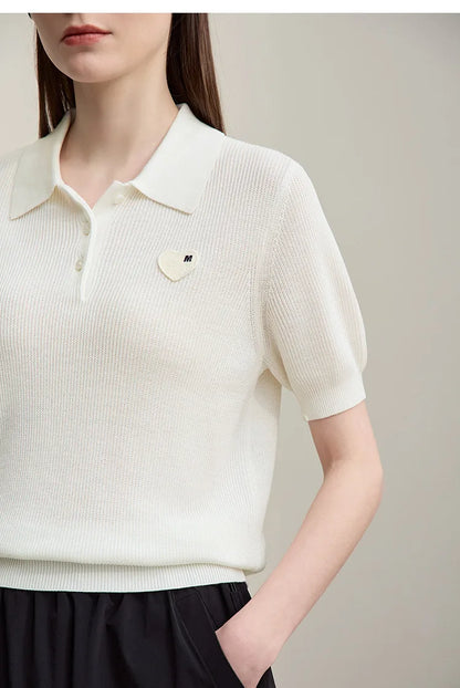 Damen-Strickpullover mit Polokragen und Knopfleiste, kurzarm, cremefarben