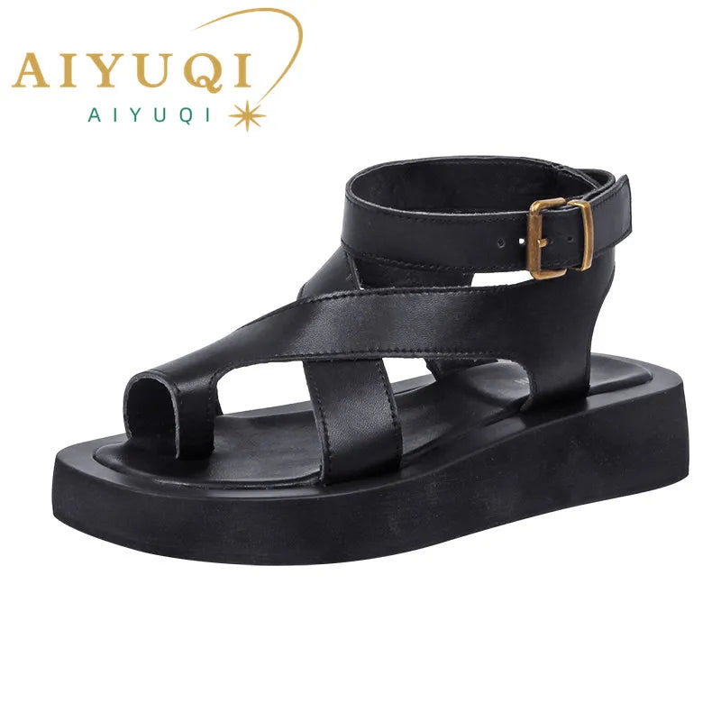 AIYUQI Sandalen Frauen Echtes Leder 2025, Sommer Neue Clip Toe Sandalen Damen Römischen Frauen Schuhe Muffin Sandalen WHS MTO