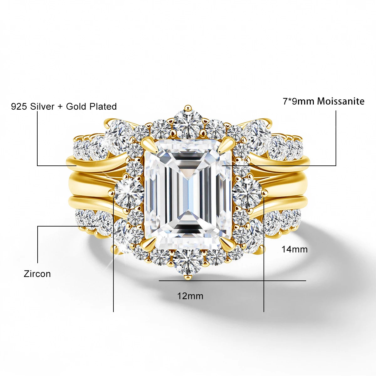 Damen-Verlobungsring-Set aus Moissanit im Smaragd-Schliff Halo-Umrandung 925er Sterlingsilber
