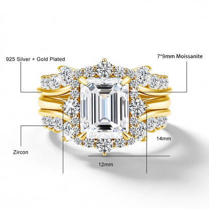 Damen-Verlobungsring-Set aus Moissanit im Smaragd-Schliff Halo-Umrandung 925er Sterlingsilber