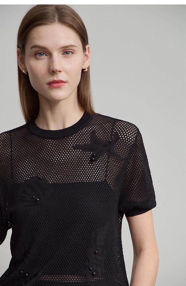Damen Top im minimalistischen Ozean-Stil mit Perlenbesatz und durchbohrten Löchern