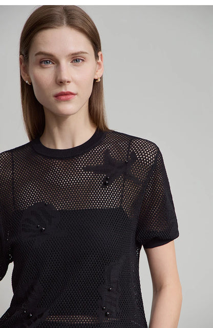 Damen Top im minimalistischen Ozean-Stil mit Perlenbesatz und durchbohrten Löchern