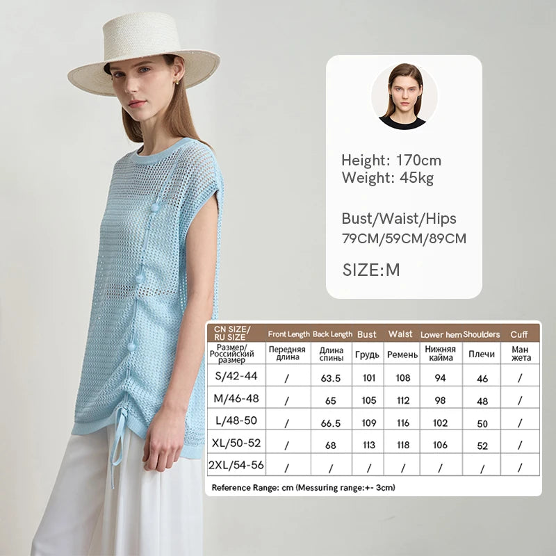 Damen-Strickpullover mit Kurzarm, hellblaues Netzstrickdesign, Kordelzug am Saum