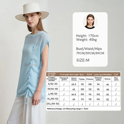 Damen-Strickpullover mit Kurzarm, hellblaues Netzstrickdesign, Kordelzug am Saum